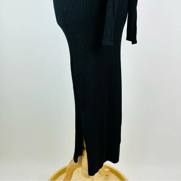 Good American Black Bodycon Ribbed Knit Tie Waist Midi Dress Size 1 Small - Picture 6 of 11